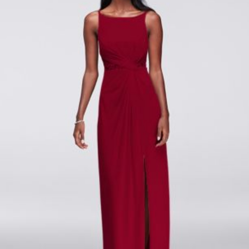 David's Bridal Double-Strap Lace Inset Mesh Dress